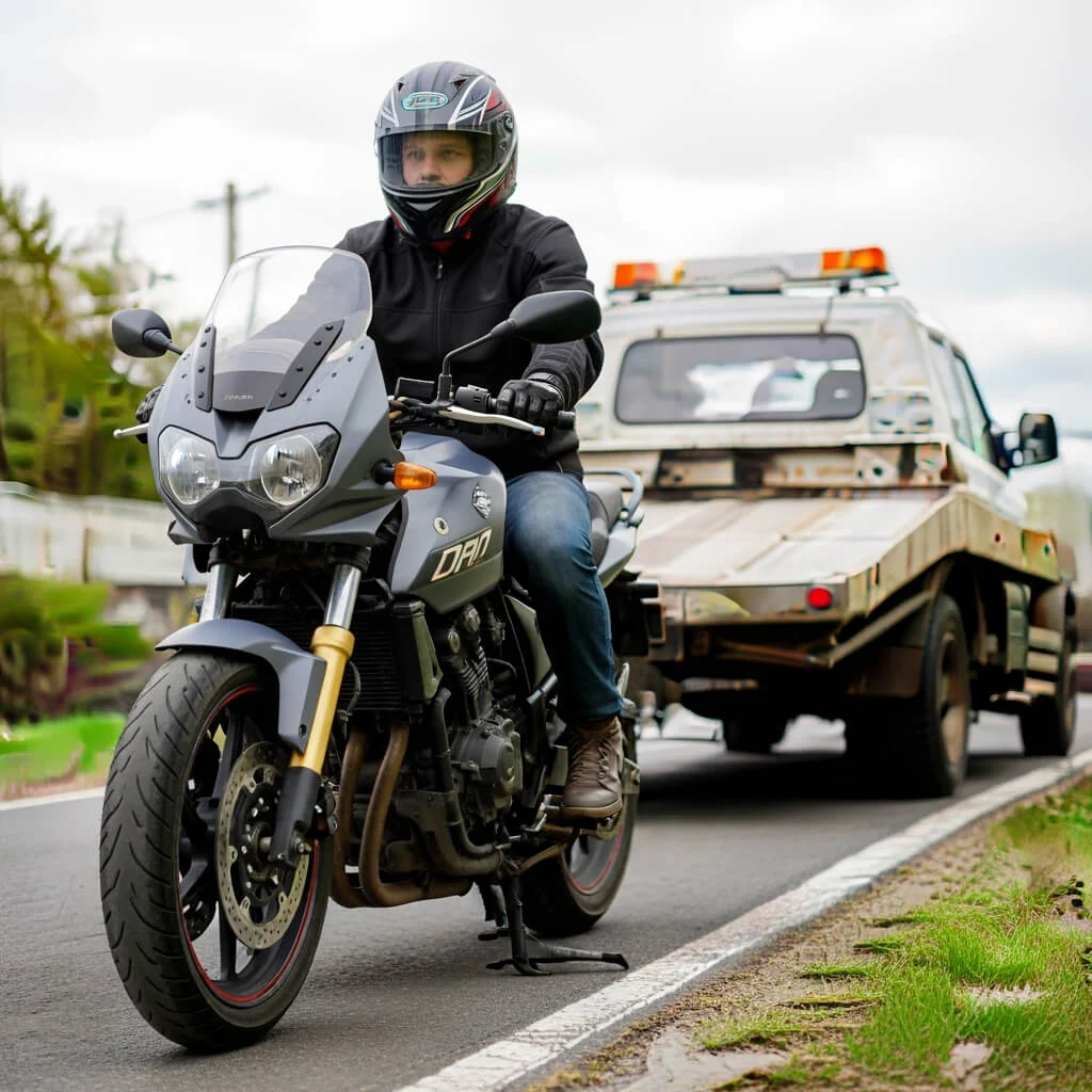 Motorcyclist beside a motorcycle transport vehicle