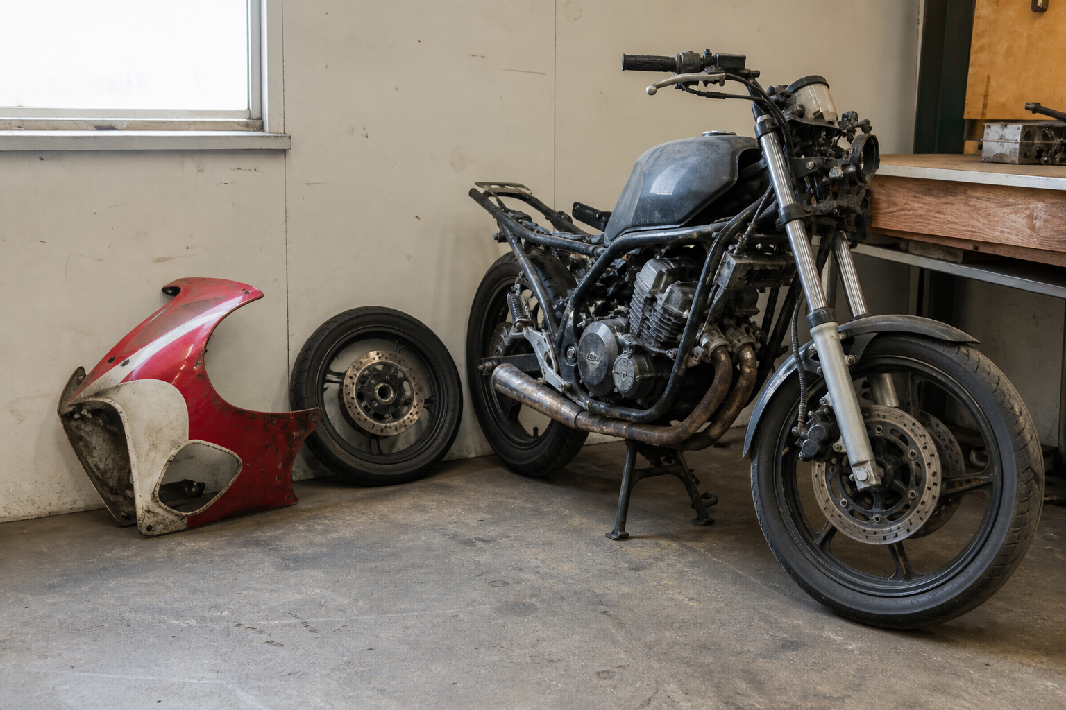 Old motorcycle and reusable parts prepared for assessment
