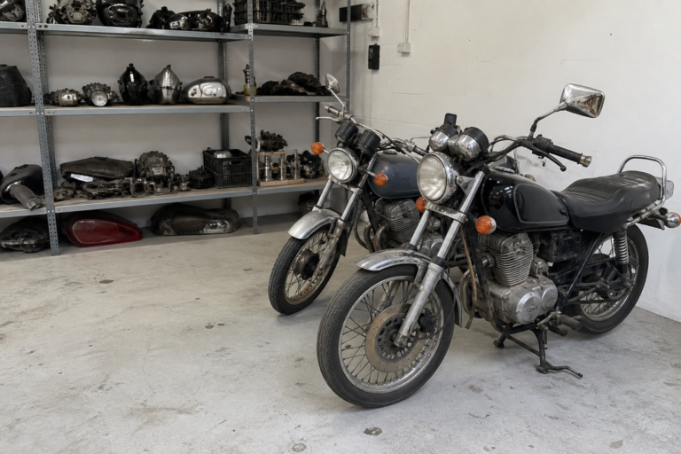 Motorcycles and organised used parts in a Ballarat workshop