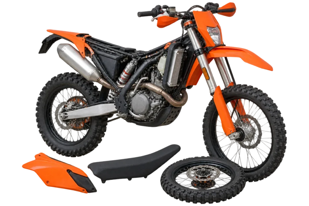 KTM 450 EXC-F-style enduro wrecking motorcycle dismantled for reusable parts in Ballarat
