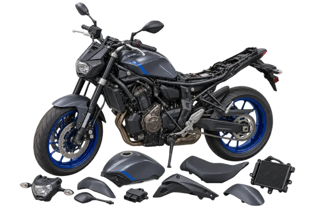 Yamaha MT-07-style wrecking motorcycle dismantled for reusable parts in Ballarat