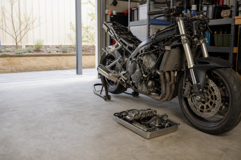 Partly dismantled motorcycle prepared for a parts assessment