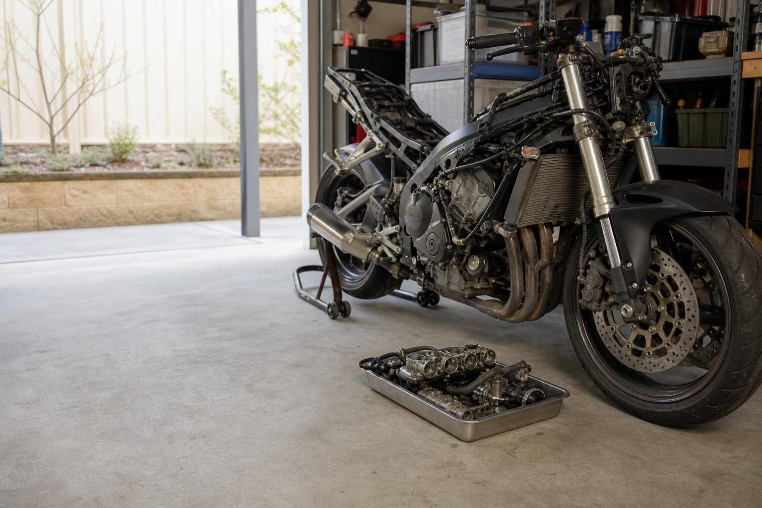 Partly dismantled motorcycle prepared for a parts assessment