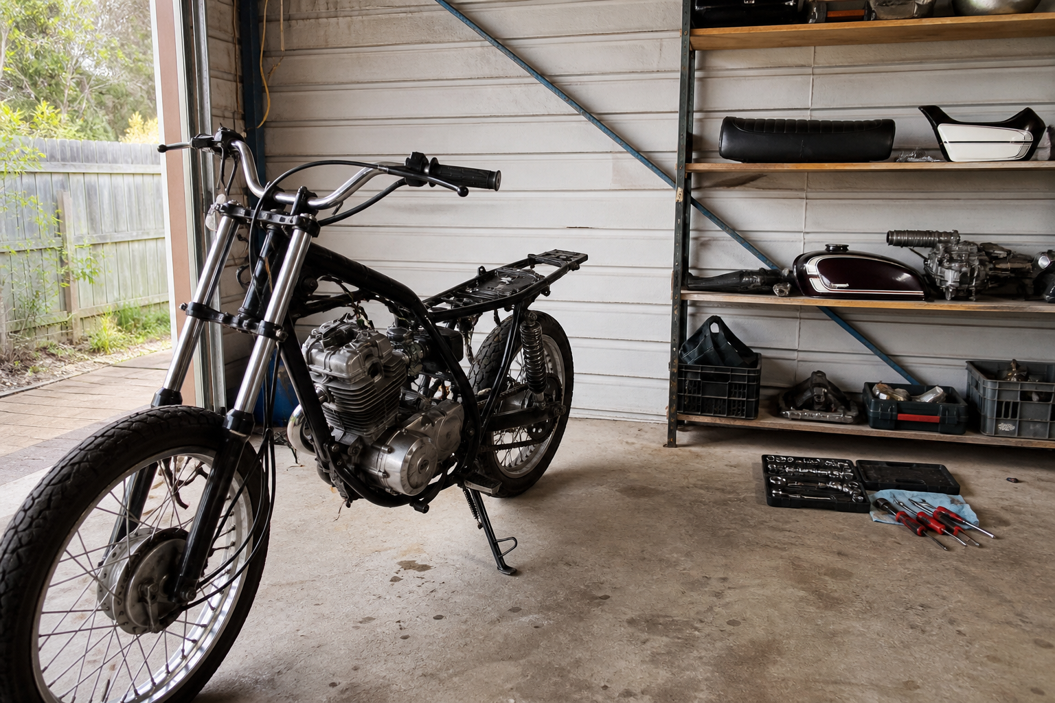 Unfinished motorcycle project with stored parts in a Ballarat garage