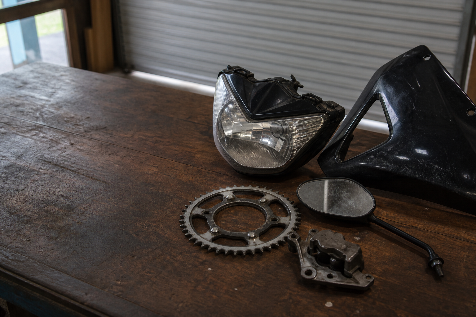 Used motorcycle parts on a workshop bench in Ballarat